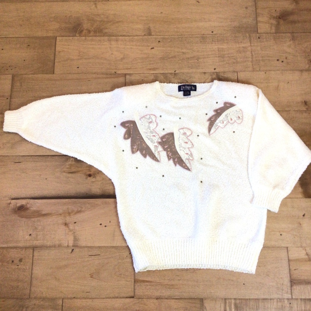 Le Chois Womens Vintage Leaf Appliqué Pullover Dolman Sweater Size Medium